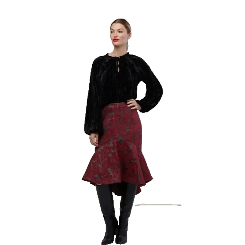 NWT Rachel Parcell Womens Red Metallic Floral‎ Hi-Low Fit & Flare Skirt Size 4
